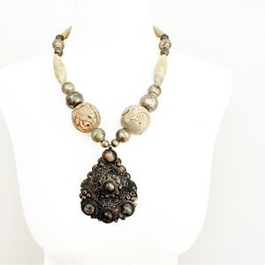 Vintage Stunning Necklace with Metal Inlay Pendant Craved Beads